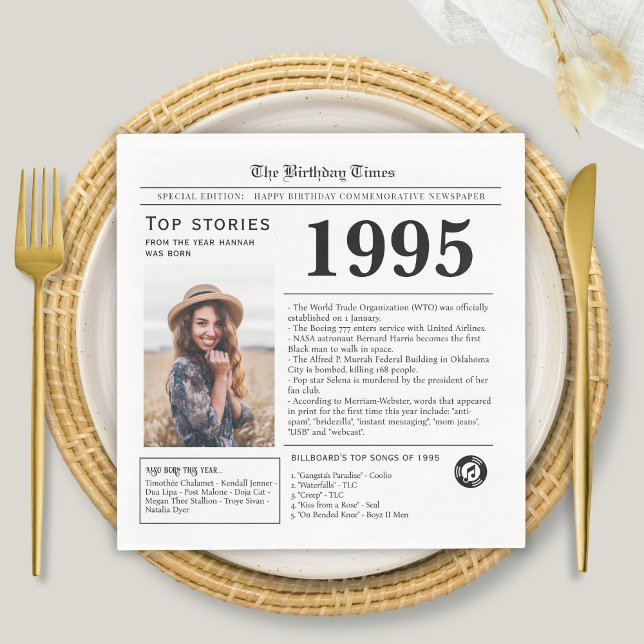 Serviette En Papier Journal d'anniversaire 1995 (1995 Newspaper Birthday Trivia  Napkin at a table setting for 30th birthday party)