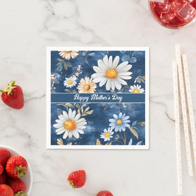 Serviette En Papier Joyeuse fête des mères Marguerites bleues et blanc (En situation)
