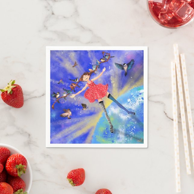 Serviette En Papier Joyeuse fille aux oiseaux - Ajouter votre photo /  (En situation)