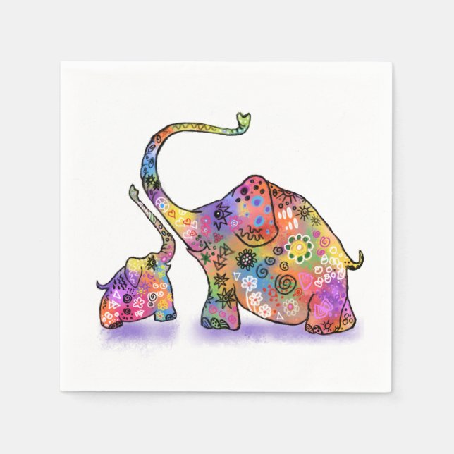 Serviette En Papier Joyeuse mère colorée et bébé éléphant - Dessin (Devant)