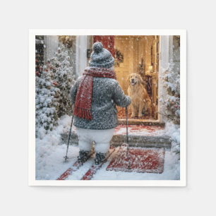 Serviette En Papier Joyeuses Fêtes Bonhomme de Neige sur Skis