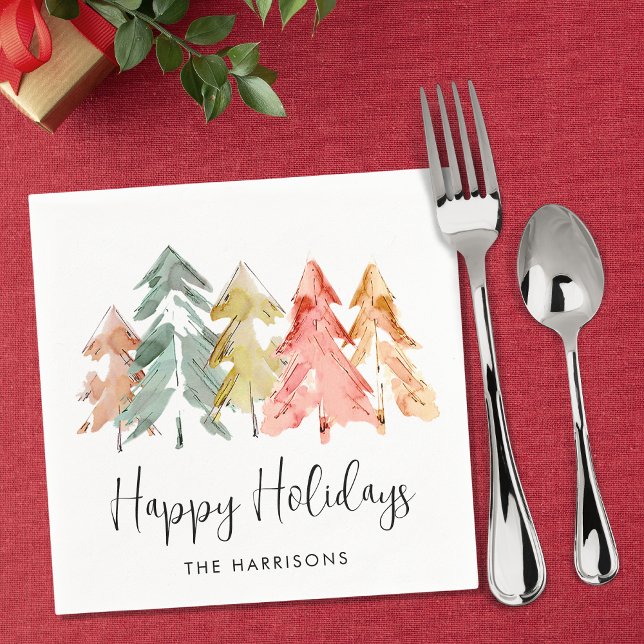 Serviette En Papier Joyeuses fêtes Pine Trees Aquarelle Noël (Créateur téléchargé)