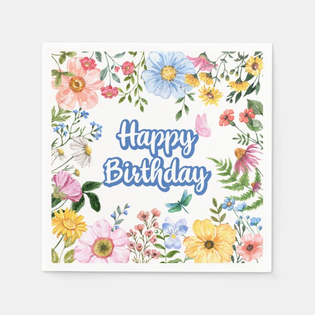 Serviette En Papier Joyeuses fleurs d'aquarelle d'anniversaire (Devant)