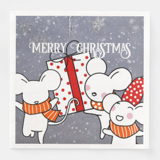 Serviette En Papier Joyeuses souris blanches fêtant Noël