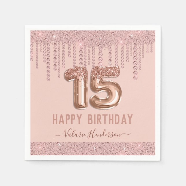 Serviette En Papier Joyeux 15e anniversaire des gouttes de diamant ros (Devant)