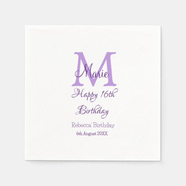 Serviette En Papier Joyeux 16e anniversaire violet ajouter nom monogra (Devant)