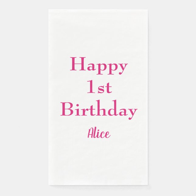 Serviette En Papier Joyeux 1er Anniversaire rose blanc Nom personnalis (Devant)