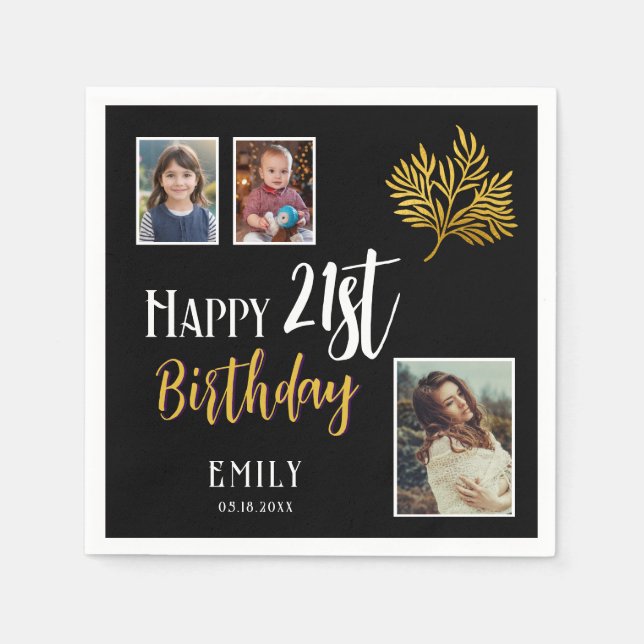 Serviette En Papier Joyeux 21e anniversaire Gold Foliage 3 Photo Party (Devant)