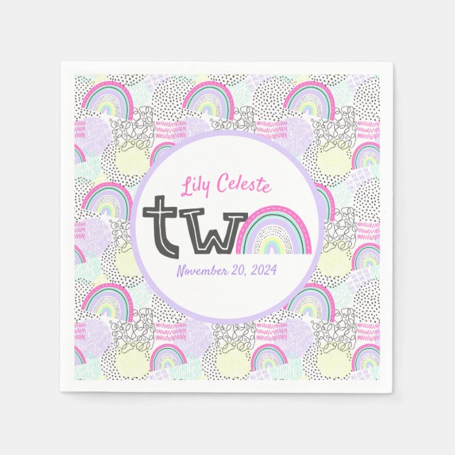 Serviette En Papier Joyeux 2e anniversaire Rainbow 90's Baby Girl's Pa (Devant)