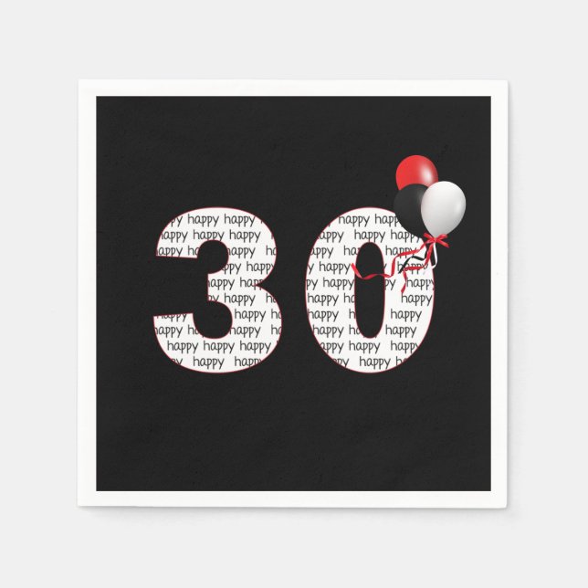 Serviette En Papier Joyeux 30e anniversaire sur les serviettes noires (Devant)