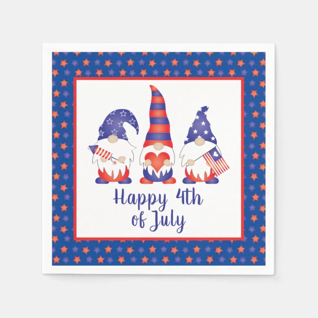 Serviette En Papier Joyeux 4 juillet Gnomes Rouge Blanc Bleu (Devant)