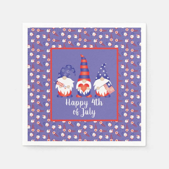 Serviette En Papier Joyeux 4 juillet Gnomes Rouge Blanc Bleu (Devant)
