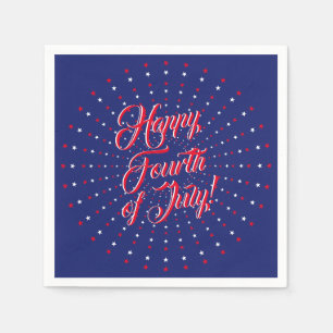 Serviette En Papier Joyeux 4 Juillet script rouge blanc marine étoiles