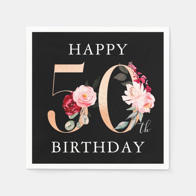 Serviette En Papier Joyeux 50e anniversaire Gold Black Floral Party (Devant)