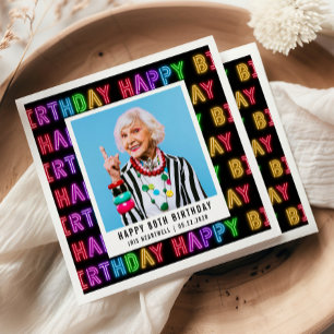 Serviette En Papier Joyeux 80e anniversaire Photo Rainbow Neon Napkins