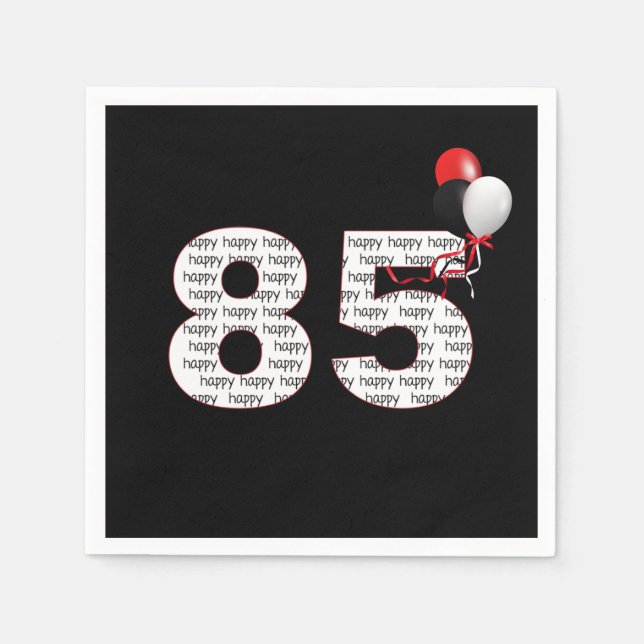 Serviette En Papier Joyeux 85ème anniversaire sur les serviettes noire (Devant)