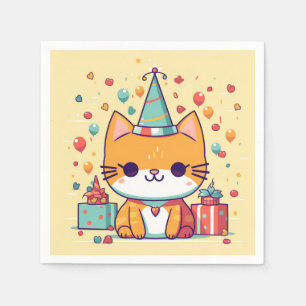 Serviette En Papier Joyeux anniversaire au chat de fête mignon,