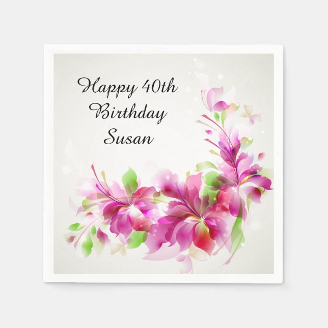 Serviette En Papier Joyeux anniversaire avec de belles fleurs (Devant)