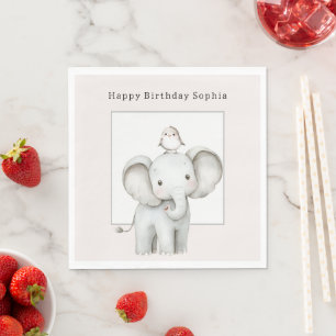 Serviette En Papier Joyeux Anniversaire d'Oiseau d'Éléphant Mignon