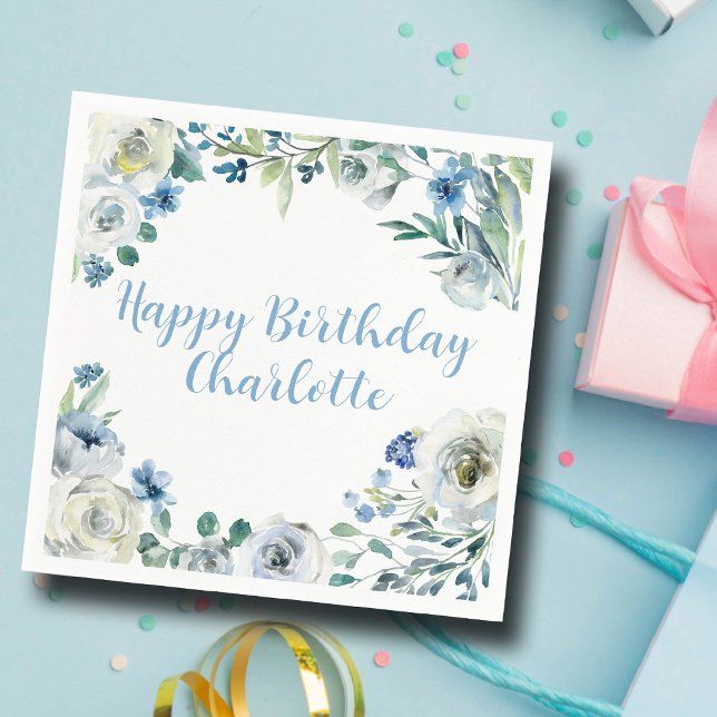 Serviette En Papier Joyeux anniversaire Elégant Blue Blanc Floral Part (Créateur téléchargé)