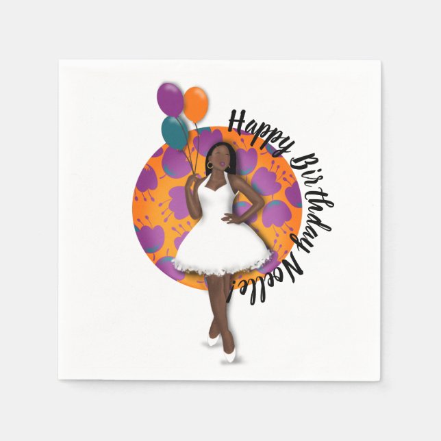 Serviette En Papier Joyeux anniversaire ! Femme noire, Ballons & Fleur (Devant)