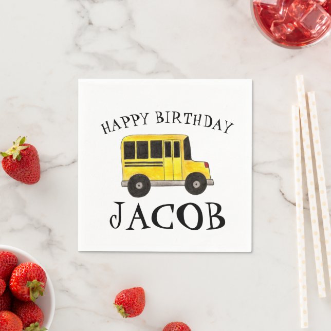 Serviette En Papier Joyeux Anniversaire Jaune École Bus Enseignant Édu (En situation)