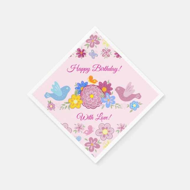Serviette En Papier Joyeux Anniversaire Motif Fleurs Sauvages Oiseaux  (Coin)
