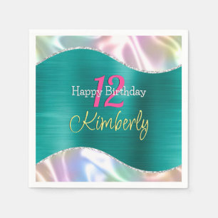Serviette En Papier Joyeux Anniversaire, Nom Age Iridescente & Vague A