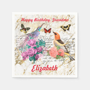 Serviette En Papier Joyeux anniversaire, oiseaux Vintages, fleurs viei