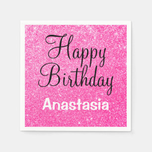 Serviette En Papier Joyeux Anniversaire Paillettes Rose Chaud Nom