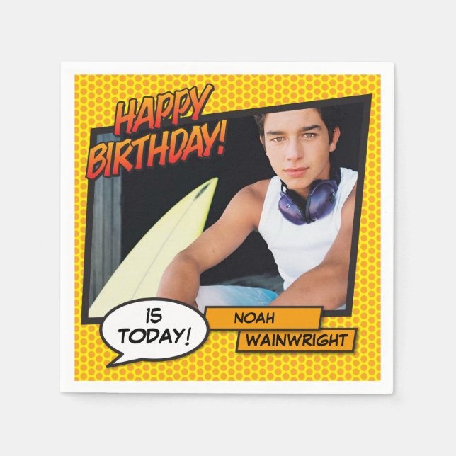 Serviette En Papier Joyeux Anniversaire Photo Fun Retro Comic Book (Devant)