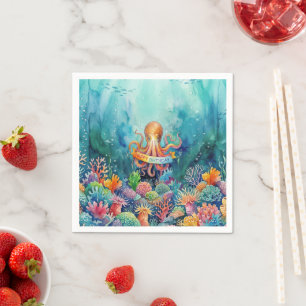 Serviette En Papier Joyeux Anniversaire Pieuvre Océan Vie Marine Eau P