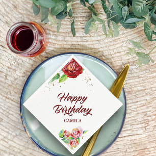 Serviette En Papier Joyeux anniversaire Red Gold Vintage Floral Rose C