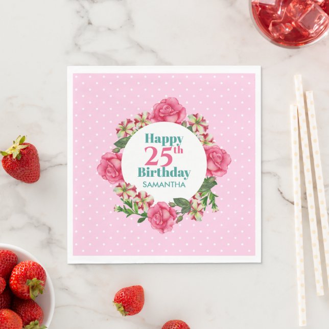 Serviette En Papier Joyeux Anniversaire Rose Rouge Blanc Pétunia Polka (En situation)