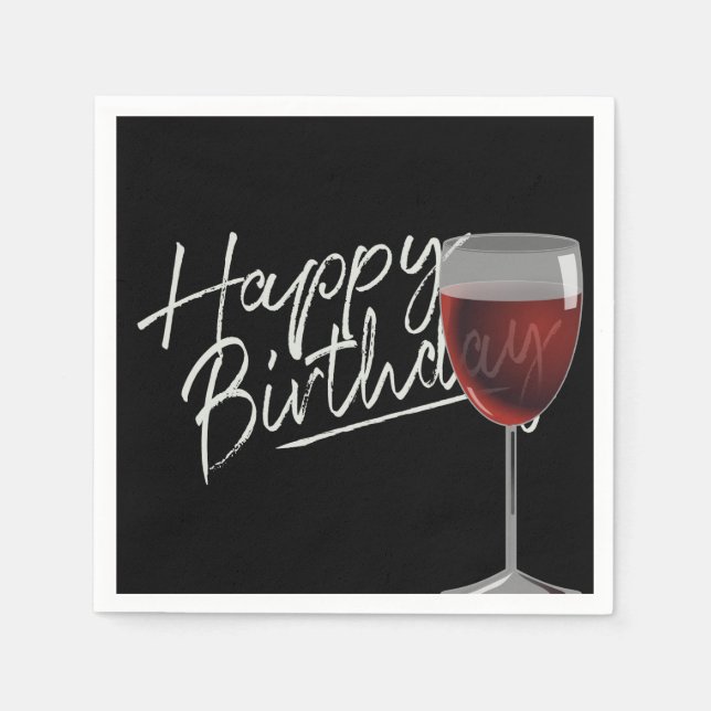 Serviette En Papier Joyeux Anniversaire Vin Rouge Sur Noir (Devant)