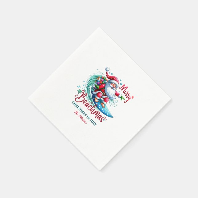 Serviette En Papier Joyeux Beachmas Père Noël Surfing Retro Design (Coin)