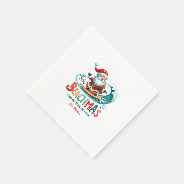 Serviette En Papier Joyeux Beachmas Père Noël Surfing Retro Design (Coin)