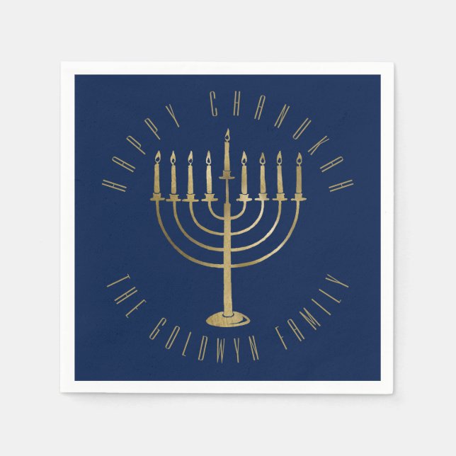 Serviette En Papier Joyeux Chanukah Blue Gold Menorah vacances (Devant)