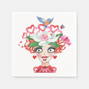 Serviette En Papier Joyeux Coeurs Fleurs Oiseaux Lady Casquette
