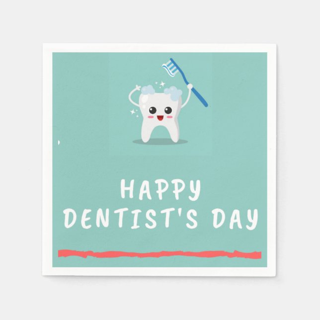 Serviette En Papier Joyeux dentiste jour blanc texte turquoise (Devant)