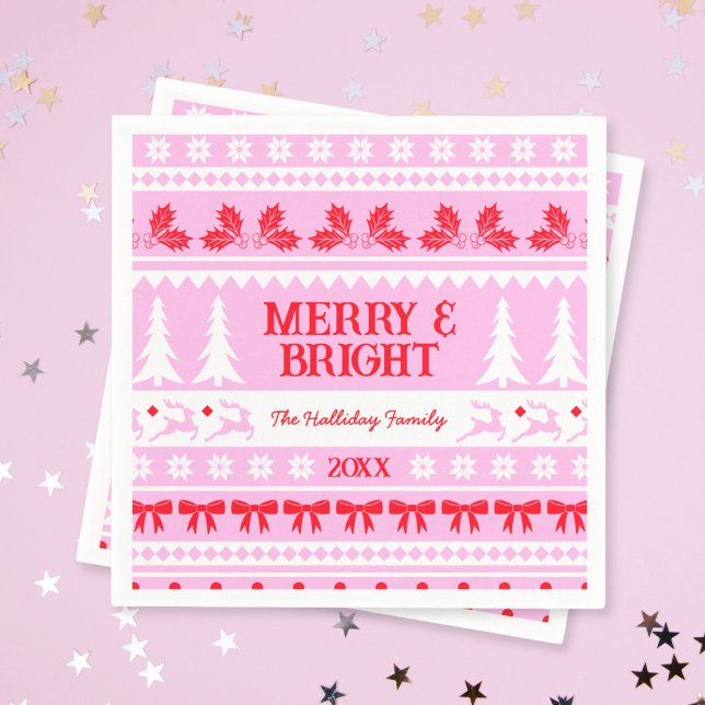 Serviette En Papier Joyeux et brillant pull de Noël rose et rouge (Merry & Bright Christmas Sweater Pink and Red Napkins)