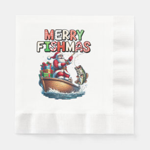 Serviette En Papier Joyeux Fishmas Papa Noël Amoureux de la Pêche Drôl