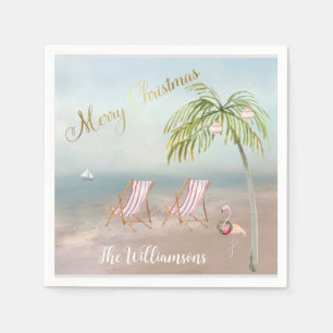Serviette En Papier Joyeux Flamant rose de plage de Noël Wreath unique