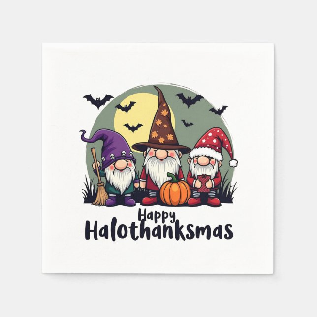 Serviette En Papier Joyeux Hallothanksmas Noël Gnomes d'Halloween (Devant)