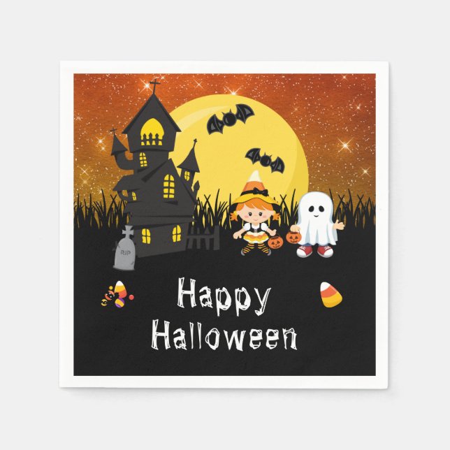 Serviette En Papier Joyeux Halloween Party sorcière Ghost Orange (Devant)