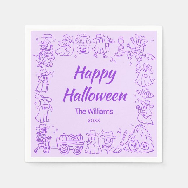 Serviette En Papier Joyeux Halloween violet Quirky Doodles Tiré Main (Devant)
