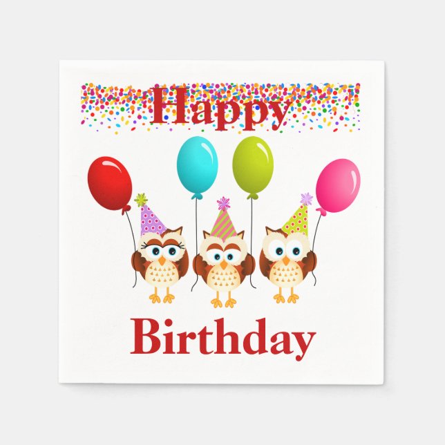 Serviette En Papier Joyeux hibou d'anniversaire et ballons (Devant)