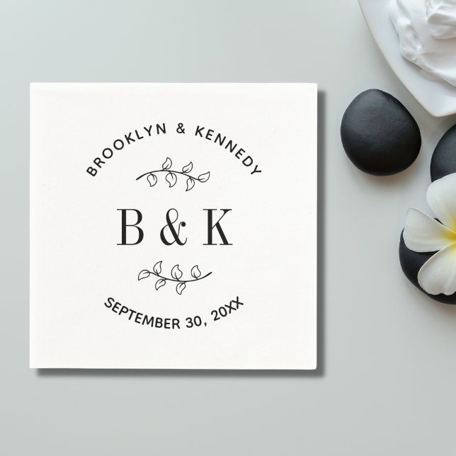 Serviette En Papier Joyeux Monogramme Floral Botanique Nom des Mariés (Créateur téléchargé)