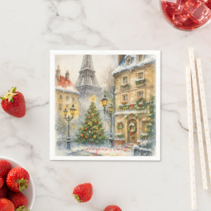 Serviette En Papier Joyeux Noël à Paris aquarelle Tour Eiffel 