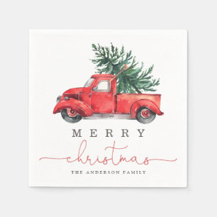 Serviette En Papier Joyeux Noël / Aquarelle Camion rouge & Pine Tree